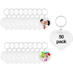 BRT Bearingshui 50pcs Pendant Picture Frame Keyrings, Clear Acrylic Photo Frame Keyring Holder, Make Your Own Personalized Keyring Kit, Heart Shaped Blank Photo Insert Keychain for DIY Craft