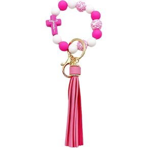 Wristlet Bracelet Keychain for Women,Silicone/Wood Cross Leopard Beaded Bracelet with PU Tassel,Clip Key Holder