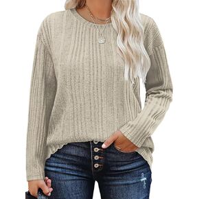DOLNINE Plus-Size-Tops for Women Casual Crewneck Shirts Comfy Long Sleeve Tees Ribbed Knit Lightweight Sweatshirts XL-5XL