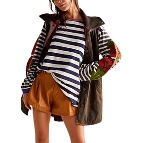 Women's Oversized Fuzzy Embroidery Sweatshirts Colorblock Striped Crewneck Long Sleeve Patchwork Pullover Tops