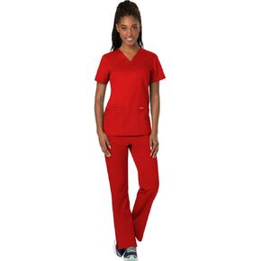 Cherokee Scrub Set for Women Modern Classic Fit 3 Pockets V-Neck Top WW620 with 5 Pockets Moderate Flare Leg Pant WW120, Red- XL Top/XL Pant
