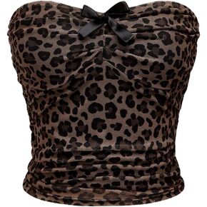 Floerns Women's Sleeveless Strapless Leopard Print Ruched Bow Front Bandeau Crop Tube Tops