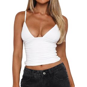 Women's Sexy Deep V Neck Sleeveless Spaghetti Strap Ruched Crop Tank Tops Slim Fit Cami Shirt