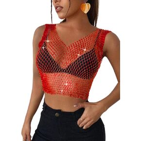 Iridescent Rhinestone Tanks, Fishnet Rave Concert Outfits Women, Sheer Mesh Crop Top, Sexy Sparkly Festival Shirt