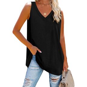 Fisoew Women V Neck Tank Tops Summer Loose Casual Basic Solid Color Sleeveless Shirts Tunic Tops