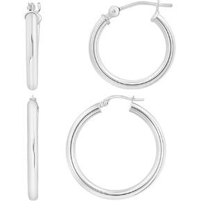 MAX + STONE 14k White Gold Large and Small Hoop Earrings with Click Tops Closure | 3mm thick 1.2 inch diameter | and 2mm thick 0.6 inches diameter