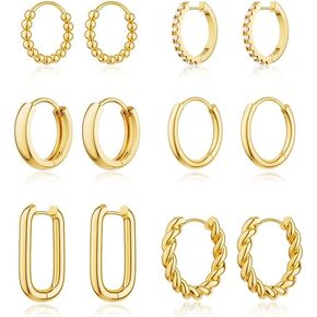 6 Pairs Gold Hoop Earrings Set for Women - 14K Gold Plated Hypoallergenic Huggie Hoops Earring Lightweight Chunky Open Earrings Trendy Jewelry Dainty Gift