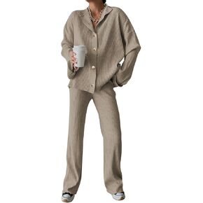 Cakulo Womens 2 Piece Outfits 2024 Lounge Sets Button Cardigan Knit Sweater Pants Loungewear Matching Set