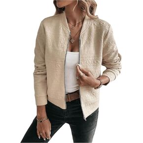MakeMeChic Women's Textured Full Zip Up Jacket Long Sleeve Baseball Collar Bomber Jacket
