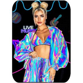 GORAIS Neon Jacket for Women Glow Party Holographic Metallic Bomber Jackets Outift