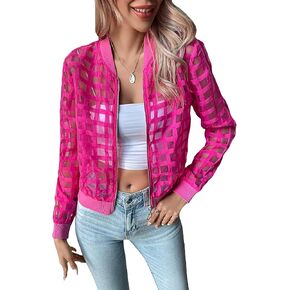 Milumia Women's Summer Mesh Sheer Bomber Jacket Cropped Baseball Collar Long Sleeve Outwear in Saudi Arabia