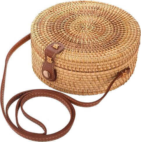 حقيبة Okllen مستديرة من الروطان للنساء، محفظة صيفية للشاطئ، حقيبة كروس منسوجة يدويًا من القش in Kuwait