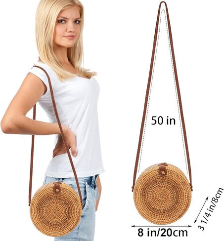 حقيبة Okllen مستديرة من الروطان للنساء، محفظة صيفية للشاطئ، حقيبة كروس منسوجة يدويًا من القش in Kuwait