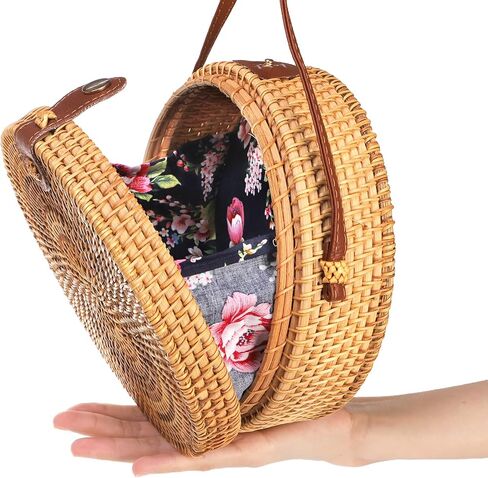 حقيبة Okllen مستديرة من الروطان للنساء، محفظة صيفية للشاطئ، حقيبة كروس منسوجة يدويًا من القش in Kuwait