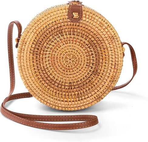حقيبة Okllen مستديرة من الروطان للنساء، محفظة صيفية للشاطئ، حقيبة كروس منسوجة يدويًا من القش in Kuwait