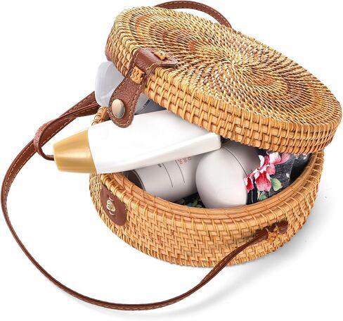 حقيبة Okllen مستديرة من الروطان للنساء، محفظة صيفية للشاطئ، حقيبة كروس منسوجة يدويًا من القش in Kuwait