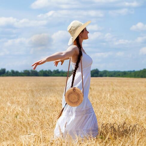 حقيبة Okllen مستديرة من الروطان للنساء، محفظة صيفية للشاطئ، حقيبة كروس منسوجة يدويًا من القش in Kuwait