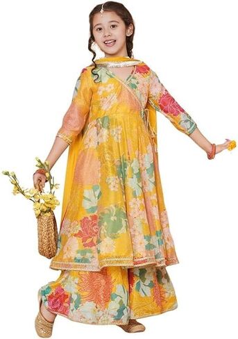 Girls Party Wear Rayon Fabric Floral Printed 3/4 Sleeves Anarkali Kurta Sharara with Dupatta in Saudi Arabia