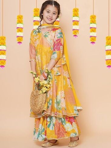 Girls Party Wear Rayon Fabric Floral Printed 3/4 Sleeves Anarkali Kurta Sharara with Dupatta in Saudi Arabia