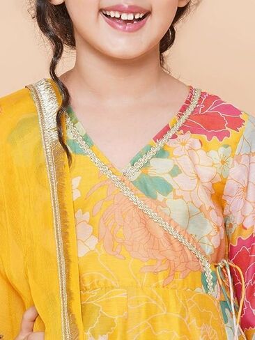 Girls Party Wear Rayon Fabric Floral Printed 3/4 Sleeves Anarkali Kurta Sharara with Dupatta in Saudi Arabia