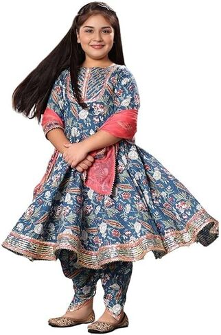 Girls Party Wear Rayon Fabric Floral Printed 3/4 Sleeves Anarkali Kurta Sharara with Dupatta in Saudi Arabia