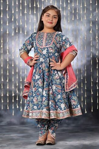 Girls Party Wear Rayon Fabric Floral Printed 3/4 Sleeves Anarkali Kurta Sharara with Dupatta in Saudi Arabia