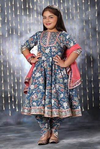Girls Party Wear Rayon Fabric Floral Printed 3/4 Sleeves Anarkali Kurta Sharara with Dupatta in Saudi Arabia