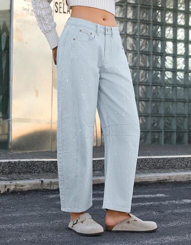 Kedera Women Stripe Barrel Jeans Casual Denim Jeans Loose Wide Leg Baggy Pants Mid Waist Boyfriend Jeans Y2k in Kuwait