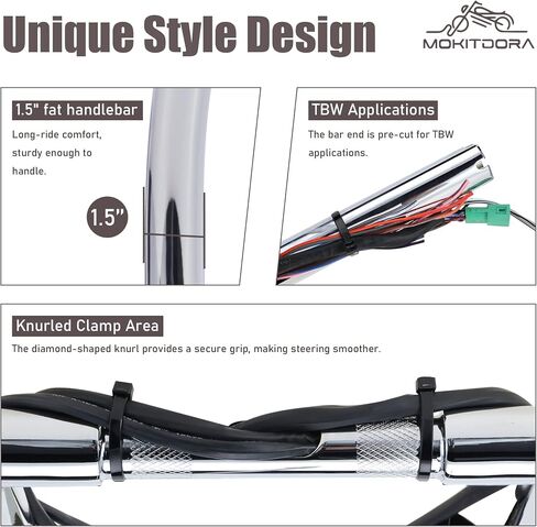 MoKitDora Road Glide Pre-wired Handlebar 16" Rise 1-1/2" Fat 1" Clamp Ape Hangers Z Bars for Harley 2008-2013 FLTR, Chrome in Saudi Arabia