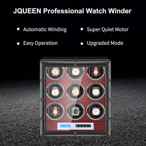 JQUEEN Watch Winder 9 with Quiet Japanese Mabuchi Motor,Microfiber Leather with LCD Touch Screen(Black+red) in Saudi Arabia