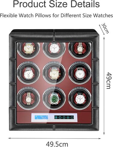 JQUEEN Watch Winder 9 with Quiet Japanese Mabuchi Motor,Microfiber Leather with LCD Touch Screen(Black+red) in Saudi Arabia