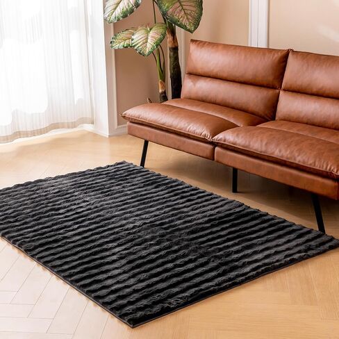 Ultra Soft Luxurious Faux Rabbit Fur 4x6 Area Rug, Machine Washable Non-Slip Indoor Carpet, Suitable for Bedroom, Dining Room, and Home. Pom-pom Dark Grey in Saudi Arabia