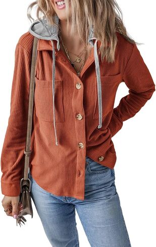 Womens Long Sleeve Button Down Corduroy Shacket Jacket Casual Solid Short Hooded Coats in Kuwait