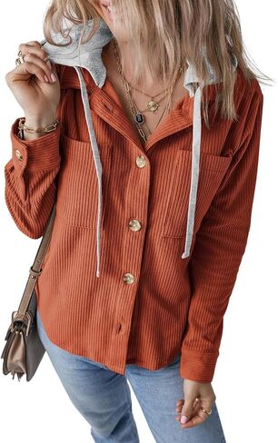 Womens Long Sleeve Button Down Corduroy Shacket Jacket Casual Solid Short Hooded Coats in Kuwait