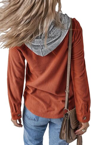 Womens Long Sleeve Button Down Corduroy Shacket Jacket Casual Solid Short Hooded Coats in Kuwait