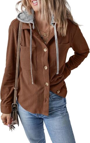 Womens Long Sleeve Button Down Corduroy Shacket Jacket Casual Solid Short Hooded Coats in Kuwait