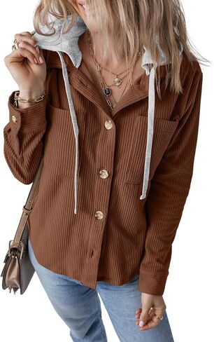 Womens Long Sleeve Button Down Corduroy Shacket Jacket Casual Solid Short Hooded Coats in Kuwait