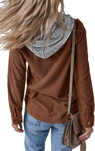 Womens Long Sleeve Button Down Corduroy Shacket Jacket Casual Solid Short Hooded Coats in Kuwait