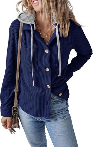 Womens Long Sleeve Button Down Corduroy Shacket Jacket Casual Solid Short Hooded Coats in Kuwait
