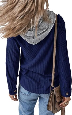 Womens Long Sleeve Button Down Corduroy Shacket Jacket Casual Solid Short Hooded Coats in Kuwait