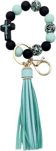 Wristlet Bracelet Keychain for Women,Silicone/Wood Cross Leopard Beaded Bracelet with PU Tassel,Clip Key Holder in Kuwait