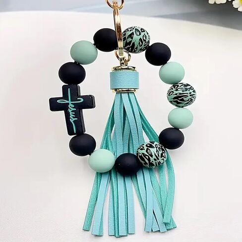 Wristlet Bracelet Keychain for Women,Silicone/Wood Cross Leopard Beaded Bracelet with PU Tassel,Clip Key Holder in Kuwait