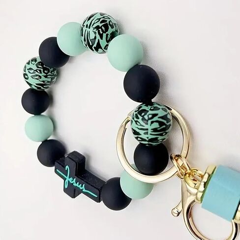 Wristlet Bracelet Keychain for Women,Silicone/Wood Cross Leopard Beaded Bracelet with PU Tassel,Clip Key Holder in Kuwait