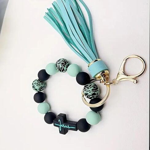 Wristlet Bracelet Keychain for Women,Silicone/Wood Cross Leopard Beaded Bracelet with PU Tassel,Clip Key Holder in Kuwait