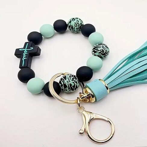Wristlet Bracelet Keychain for Women,Silicone/Wood Cross Leopard Beaded Bracelet with PU Tassel,Clip Key Holder in Kuwait