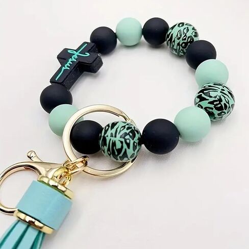 Wristlet Bracelet Keychain for Women,Silicone/Wood Cross Leopard Beaded Bracelet with PU Tassel,Clip Key Holder in Kuwait