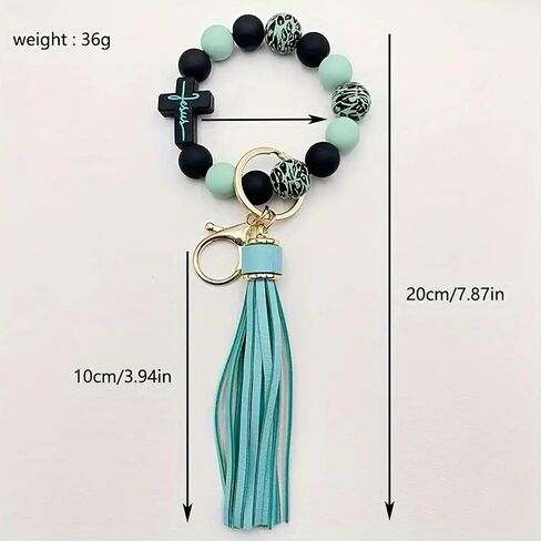 Wristlet Bracelet Keychain for Women,Silicone/Wood Cross Leopard Beaded Bracelet with PU Tassel,Clip Key Holder in Kuwait