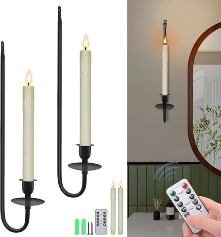 Wall Candle Holder Set of 2 with Flameless Candles Battery Operated and Remote Control, Home Decor Wall Sconces Holder Candle Sticks for Living Room Fireplace Painting (Black) in Saudi Arabia