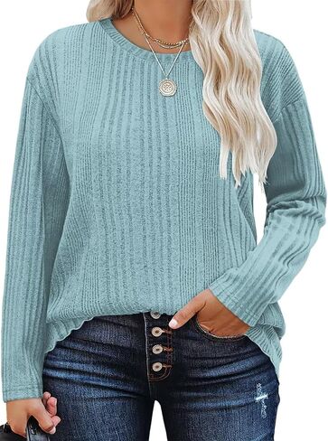 DOLNINE Plus-Size-Tops for Women Casual Crewneck Shirts Comfy Long Sleeve Tees Ribbed Knit Lightweight Sweatshirts XL-5XL in Kuwait