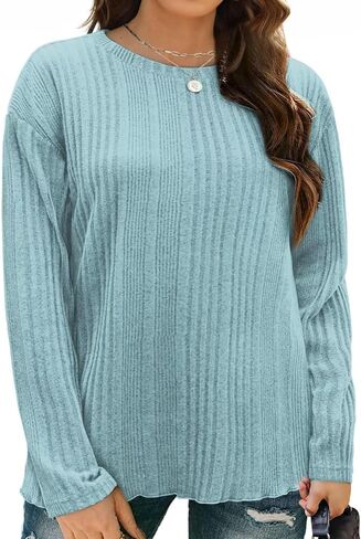 DOLNINE Plus-Size-Tops for Women Casual Crewneck Shirts Comfy Long Sleeve Tees Ribbed Knit Lightweight Sweatshirts XL-5XL in Kuwait